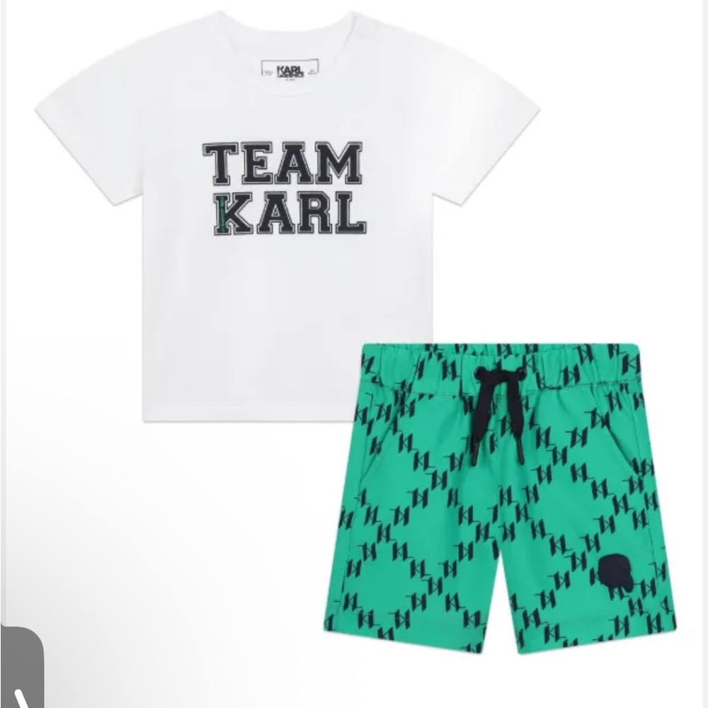 Great condition Karl Lagerfeld White Tee and Green Patterned swim Shorts